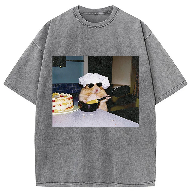 Modecanvas Vintage Chef Hamster Cooking Meme DTG Printing Washed T-Shirt