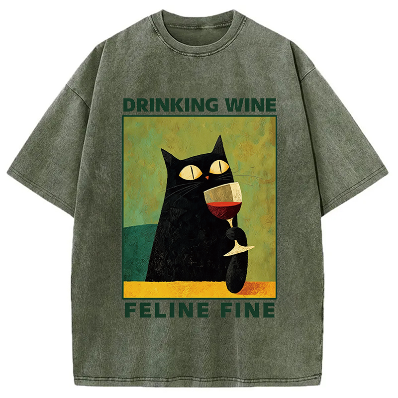 Modecanvas Drinking Wine Feline Wine DTG Printing Washed T-Shirt