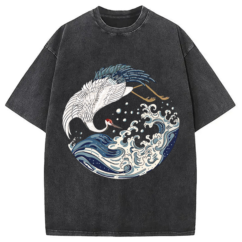 Modecanvas Crane Bird Wave DTG Printing Washed T-Shirt
