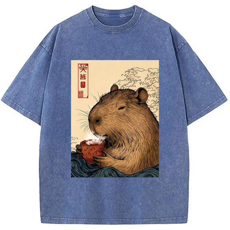 Modecanvas Capybara with Morning Tea DTG Printing Washed T-Shirt
