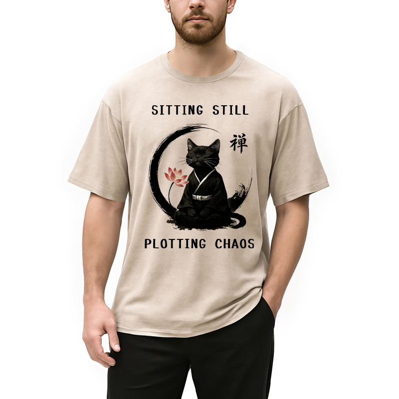 Modecanvas Sitting Calming Zen Cat Washed T-Shirt