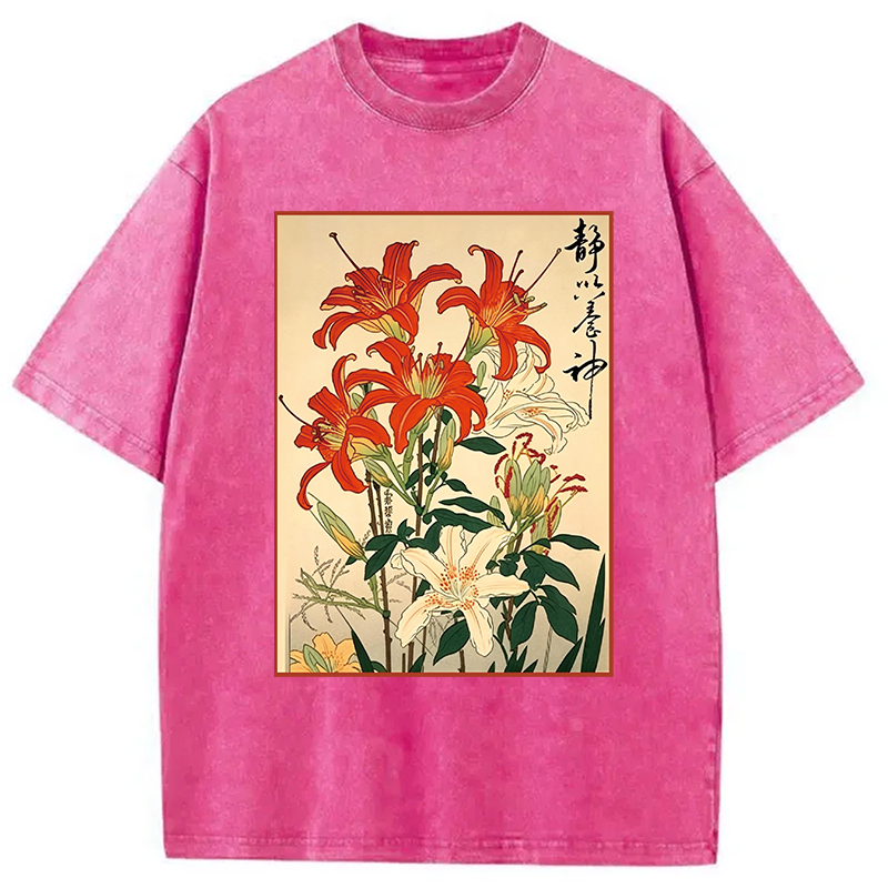 Modecanvas Red And White Lilies DTG Printing Washed T-Shirt