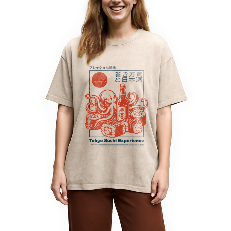 Modecanvas Tokyo Sushi Beer DTG Printing Washed T-Shirt