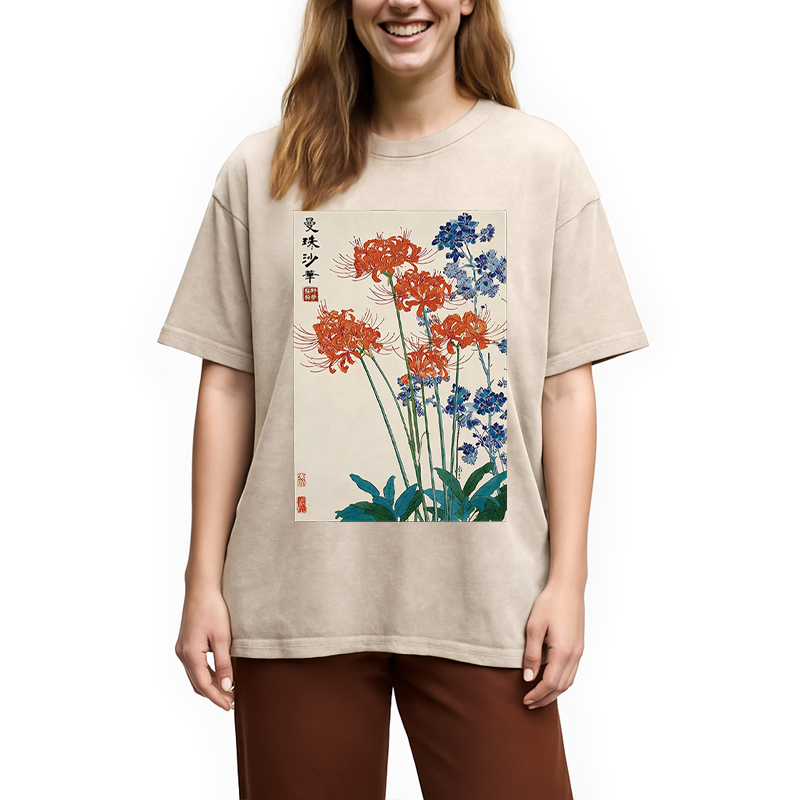 Modecanvas Red Spider Lily Bloom DTG Printing Washed T-Shirt