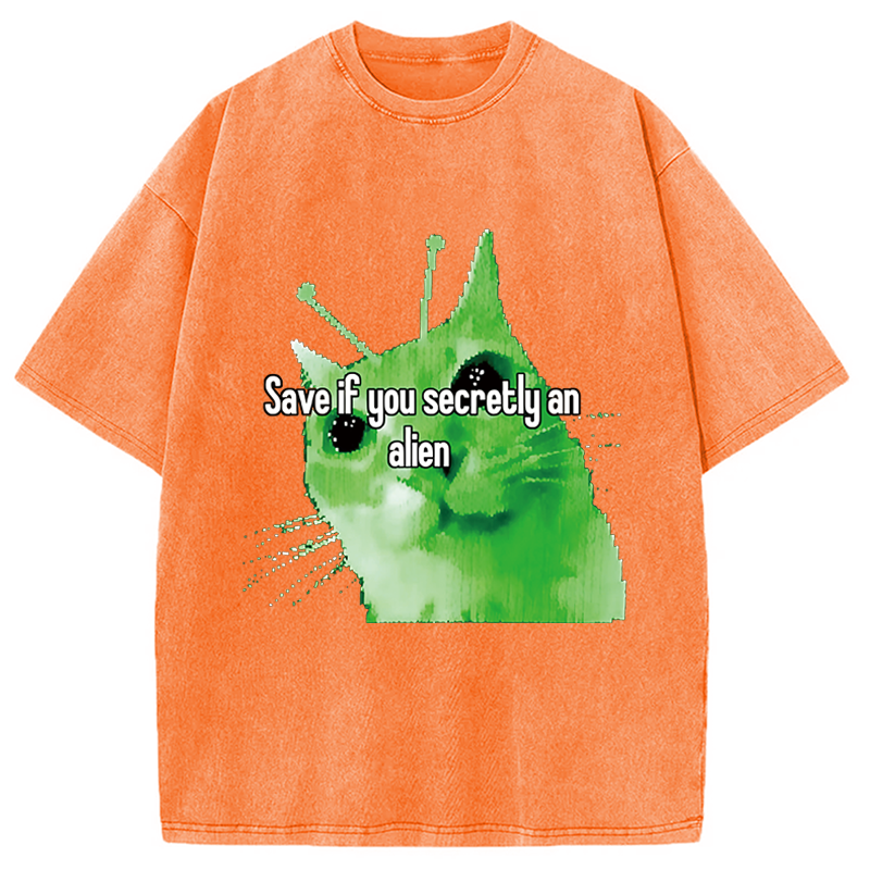 Modecanvas Alien Cat Meme Funny DTG Printing Washed T-Shirt