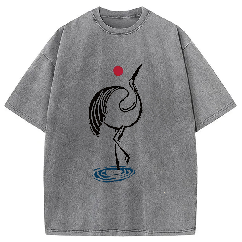 Modecanvas Japanese Crane Linocut DTG Printing Washed T-Shirt-modecanvas