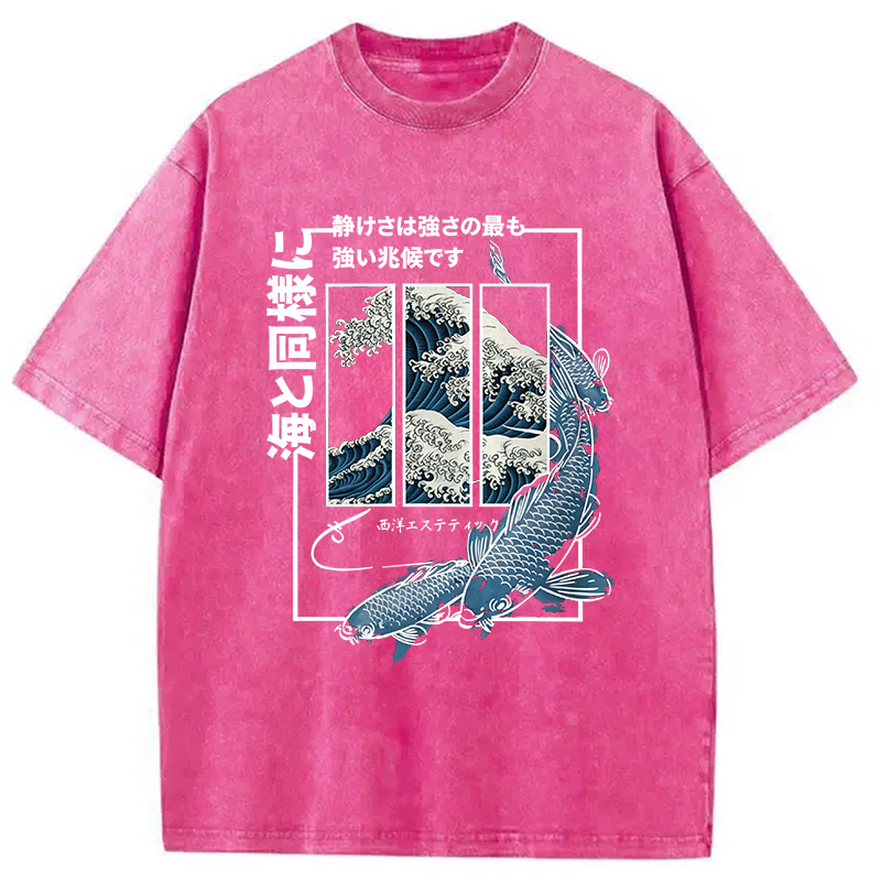 Modecanvas Koi Fish Great Wave DTG Printing Washed T-Shirt