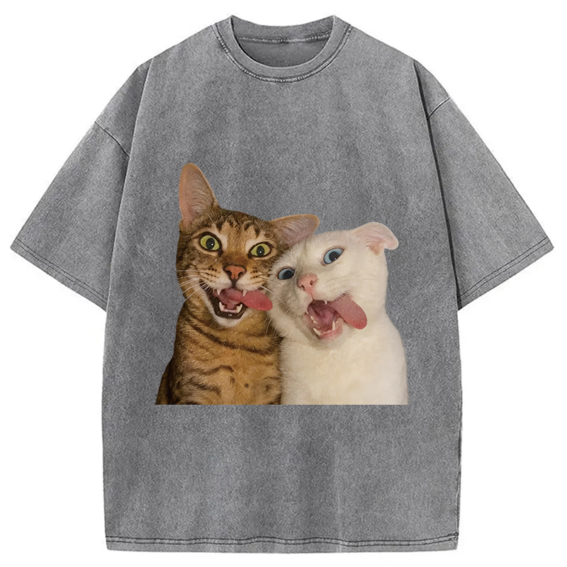 Modecanvas Funny Cat Tongue Out DTG Printing Washed T-Shirt