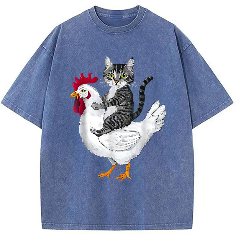 Modecanvas Funny Cat Riding Chicken Washed T-Shirt