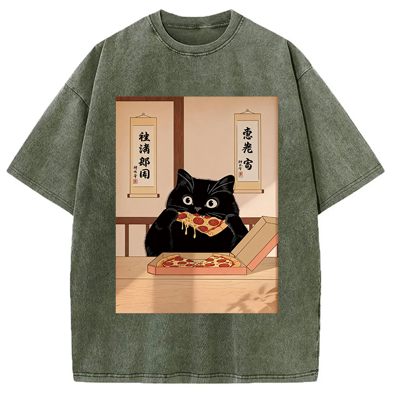 Modecanvas Black Cat Pizza Ukiyo-e Washed T-Shirt