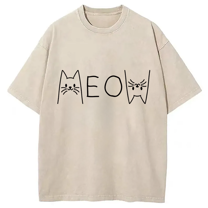 Modecanvas Meow Cat Meme DTG Printing Washed T-Shirt