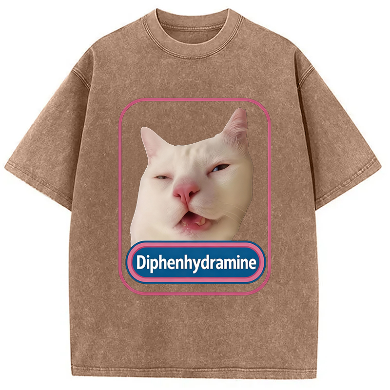 Modecanvas Funny Diphenhydramine Meme Cat Washed T-Shirt-modecanvas