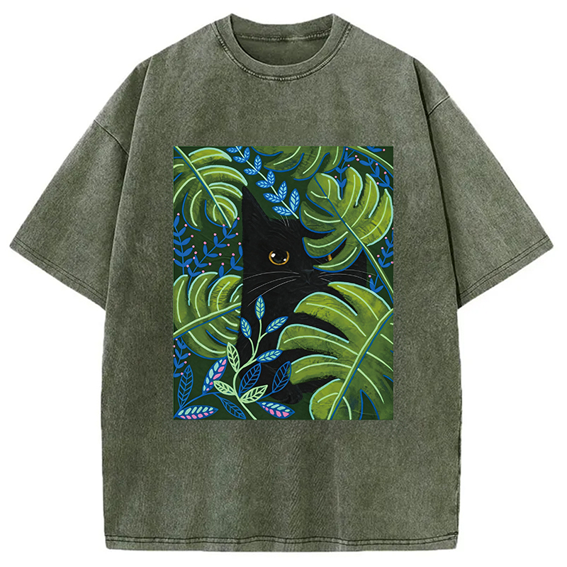 Modecanvas Cat In The Monstera DTG Printing Washed T-Shirt