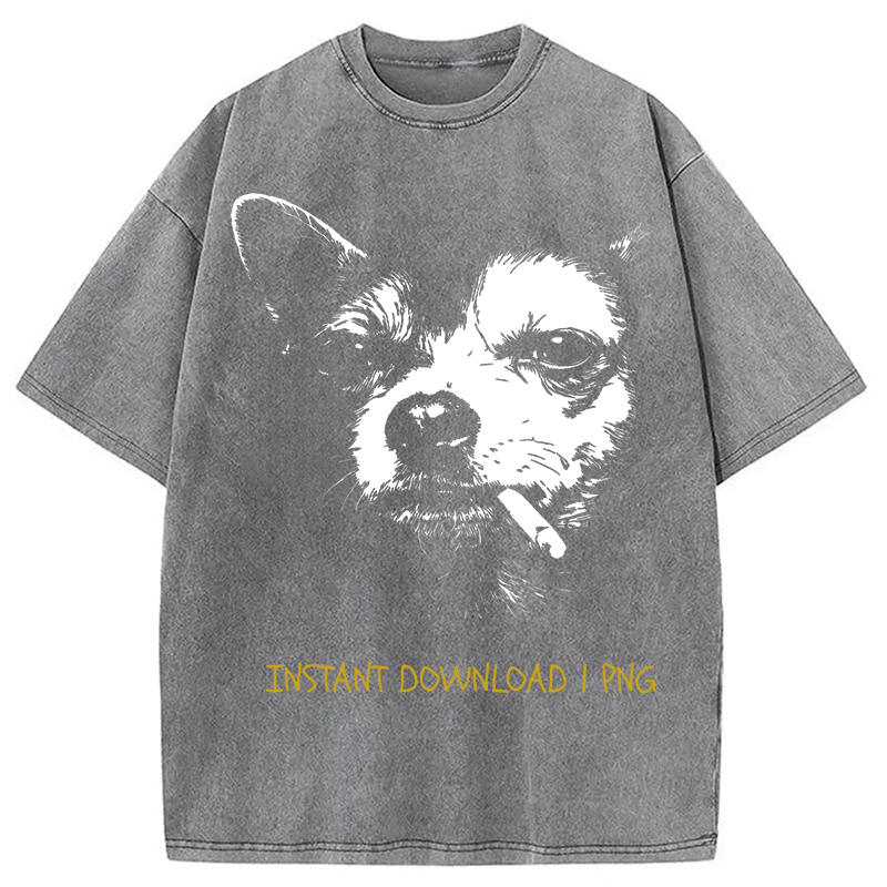 Modecanvas Funny Smoking Chihuahua DTG Printing Washed T-Shirt