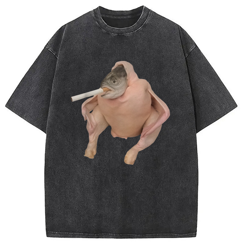 Modecanvas Fish Chicken Face Smoking a Cigarette Funny Meme Washed T-Shirt