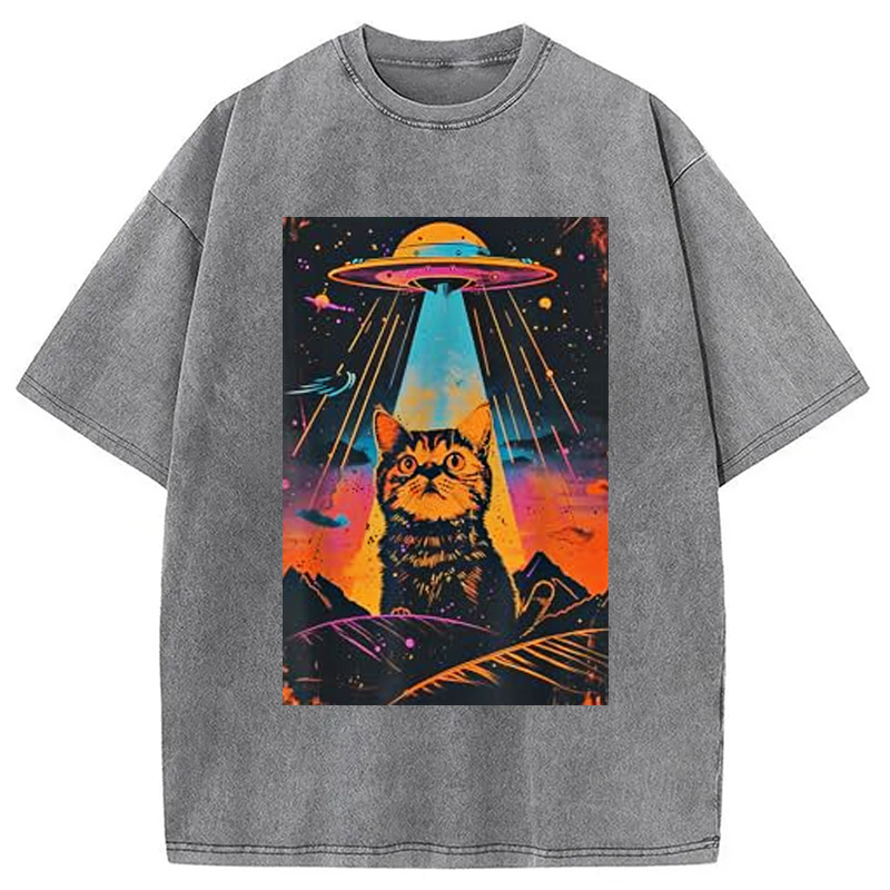 Modecanvas Catzilla Vintage Funny Cute Cat Washed T-Shirt-modecanvas
