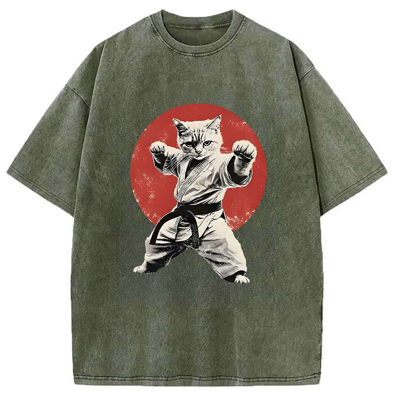 Modecanvas Japanese Karate Cat Washed T-Shirt-modecanvas