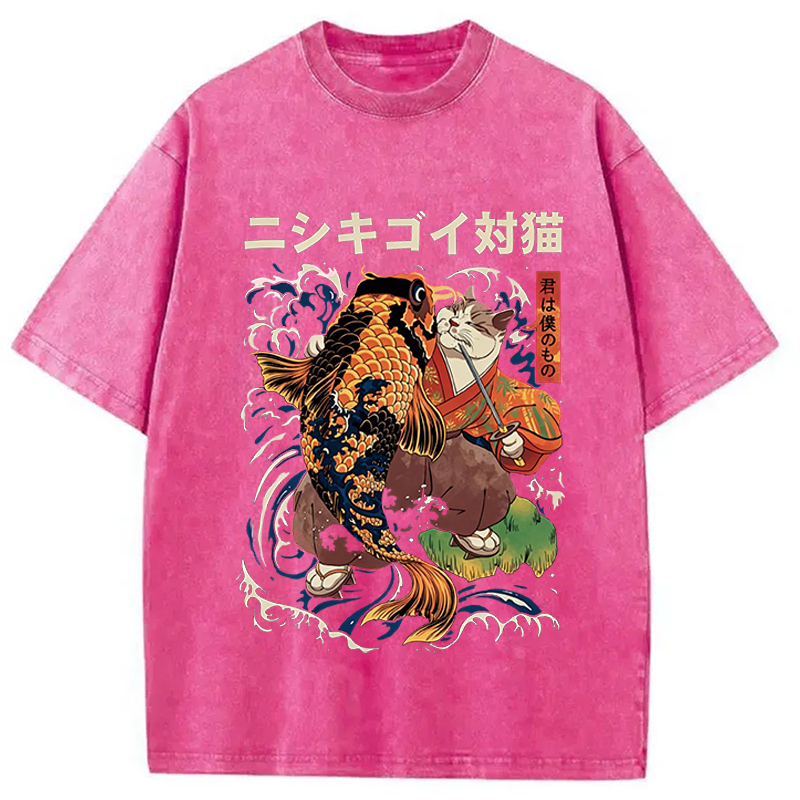 Modecanvas The Cat And The Koi DTG Printing Washed T-Shirt