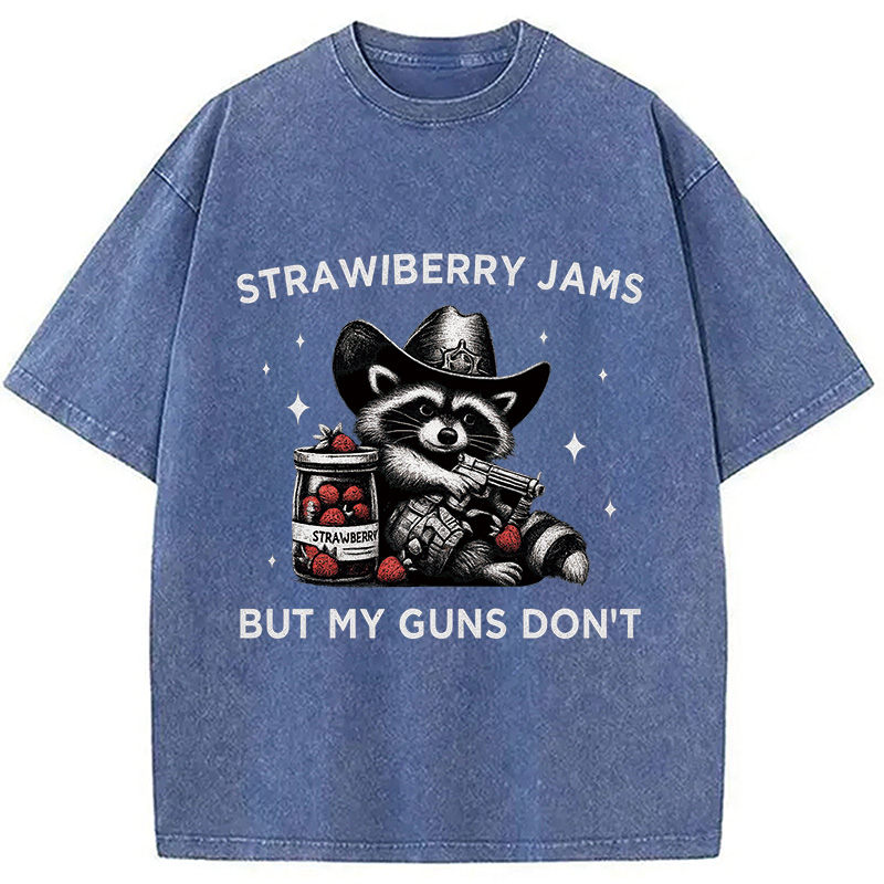 Modecanvas Strawberry Jams Funny Raccoon Cowboy Washed T-Shirt