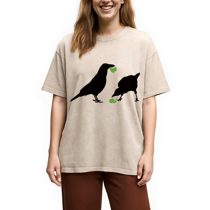 Modecanvas Green Shamrock Crows DTG Printing Washed T-Shirt