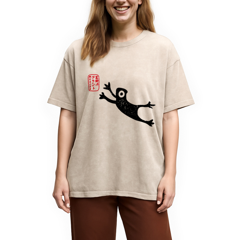 Modecanvas Funny Grumpy Japanese Frog Washed T-Shirt