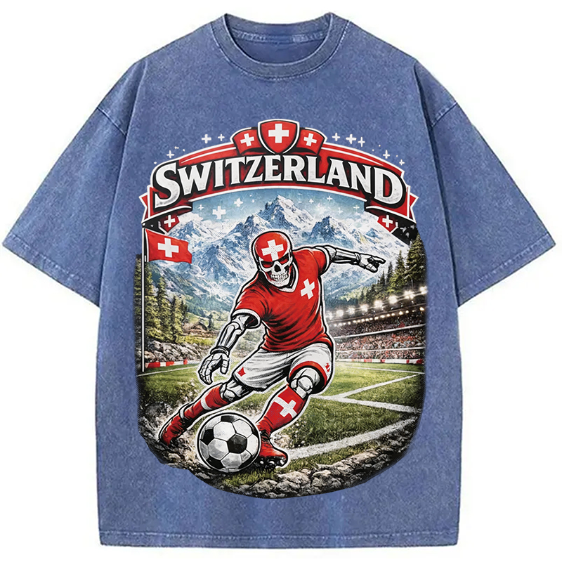 Modecanvas Switzerland Soccer Skull DTG Printing Washed T-Shirt