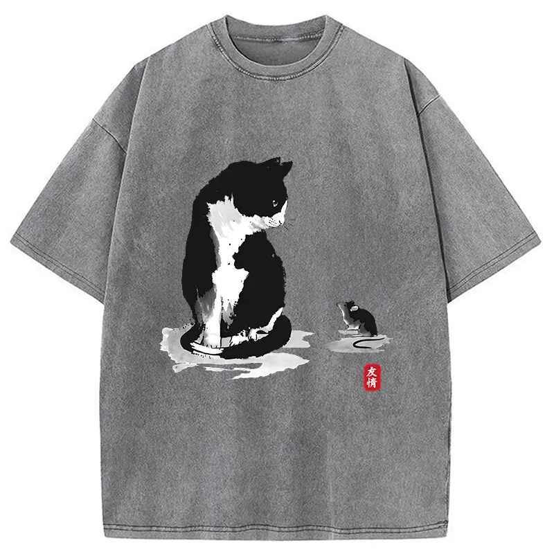 Modecanvas Cat And Mouse Friendship Washed T-Shirt