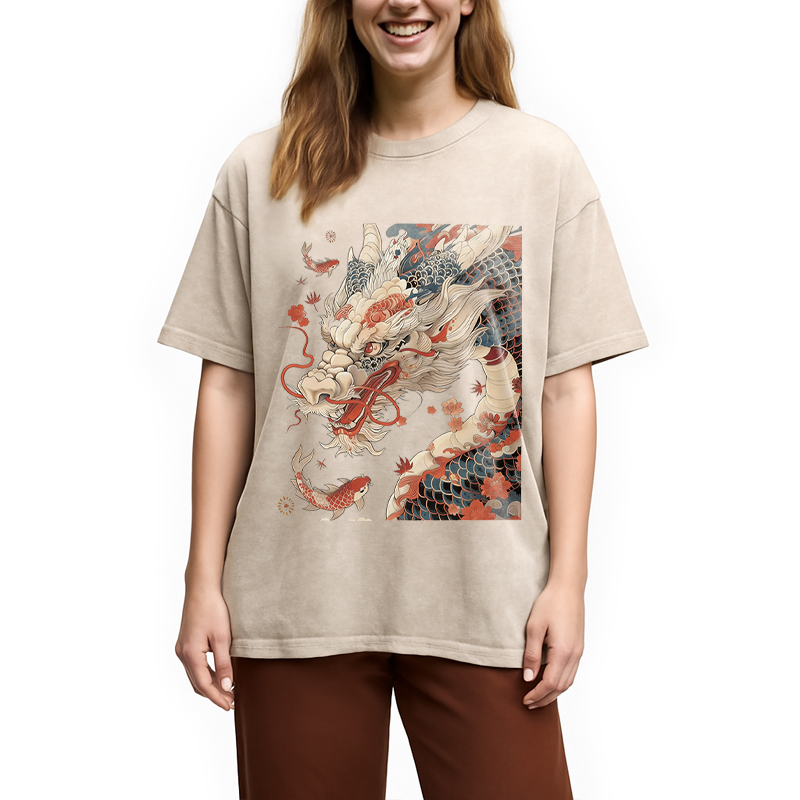 Modecanvas Dragon Koi Fish DTG Printing Washed T-Shirt