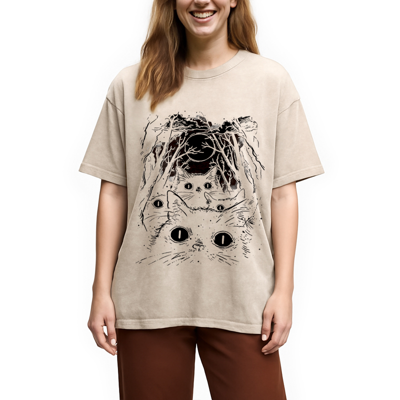 Modecanvas Black Cats Vintage DTG Printing Washed T-Shirt