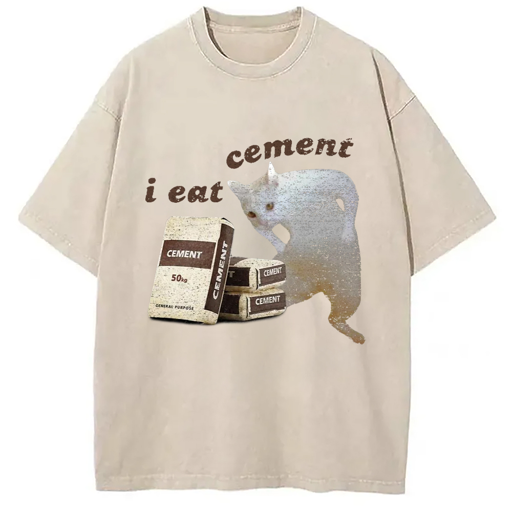 Modecanvas I Eat Cement White Cat Washed T-Shirt