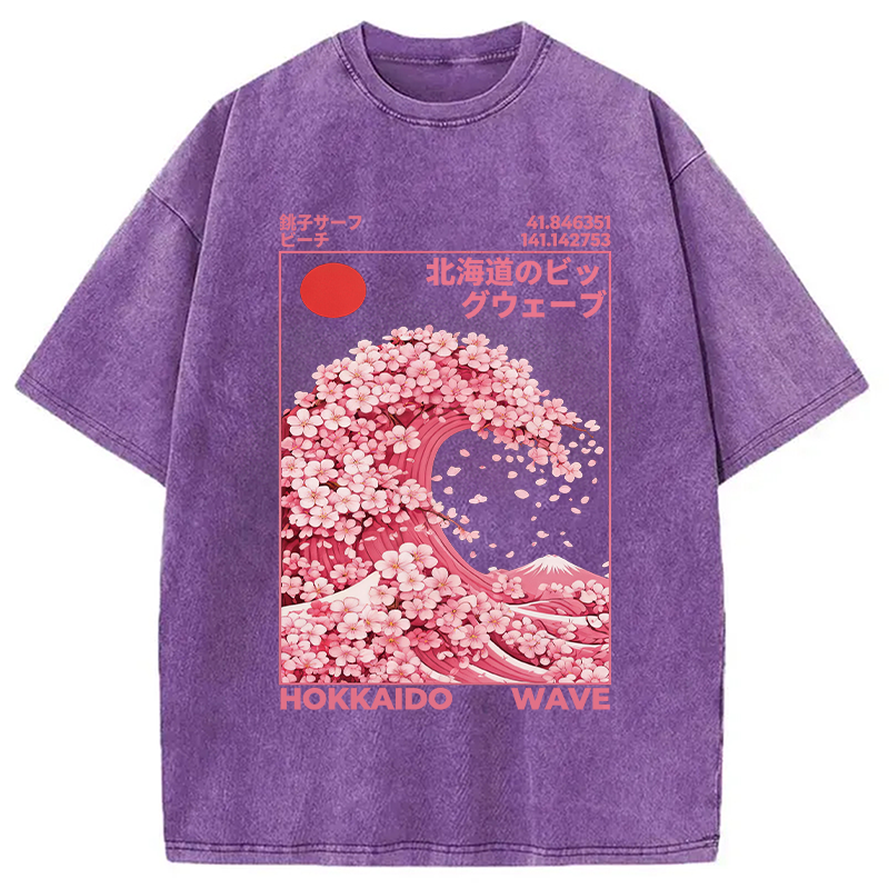 Modecanvas Hokkaido Wave Sakura Washed T-Shirt-modecanvas