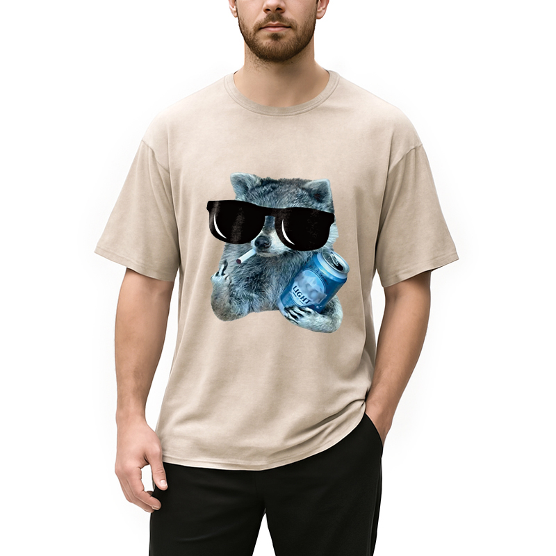 Modecanvas Raccoon Drinking Beer DTG Printing Washed T-Shirt