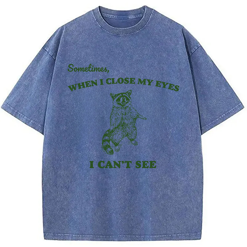 Modecanvas Sometimes When I Close My Eyes I Can't See Funny Raccoon DTG Printing Washed T-Shirt