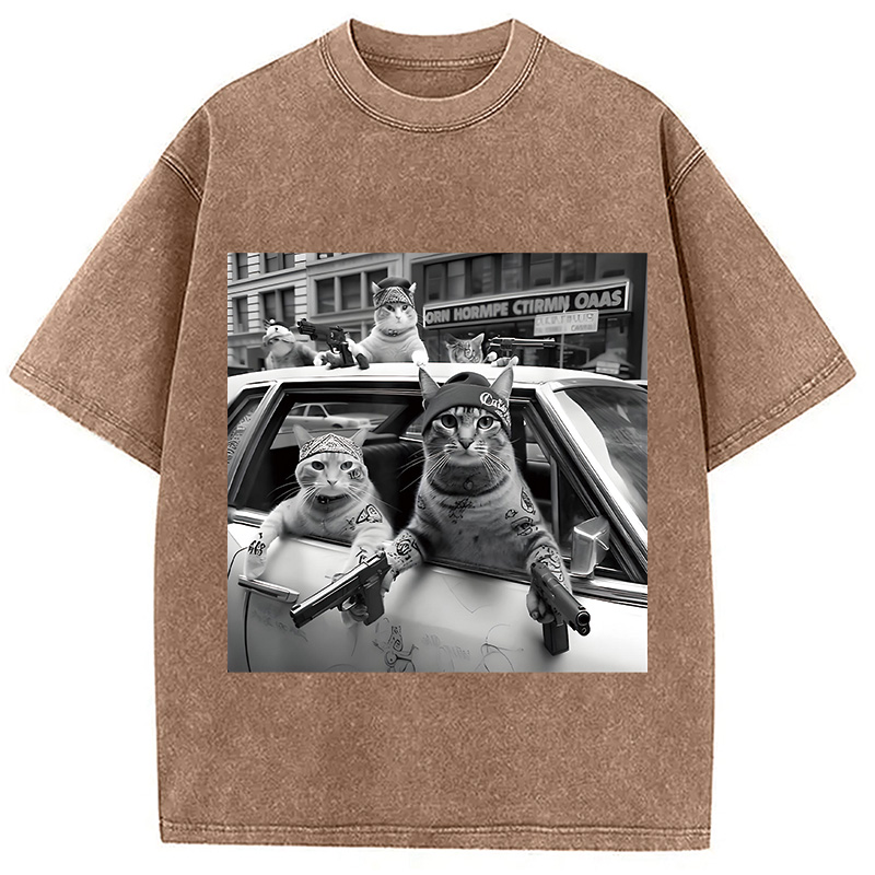 Modecanvas Funny Gangster Cats DTG Printing Washed T-Shirt-modecanvas