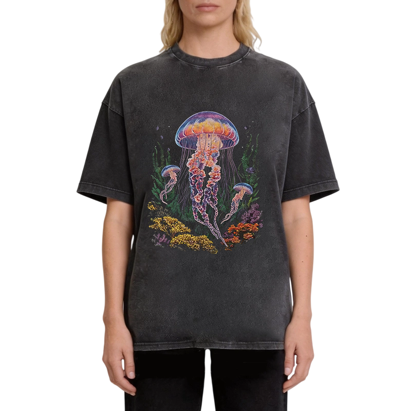 Modecanvas Vintage Jellyfish Dark Ocean Grunge DTG Printing Washed T-Shirt