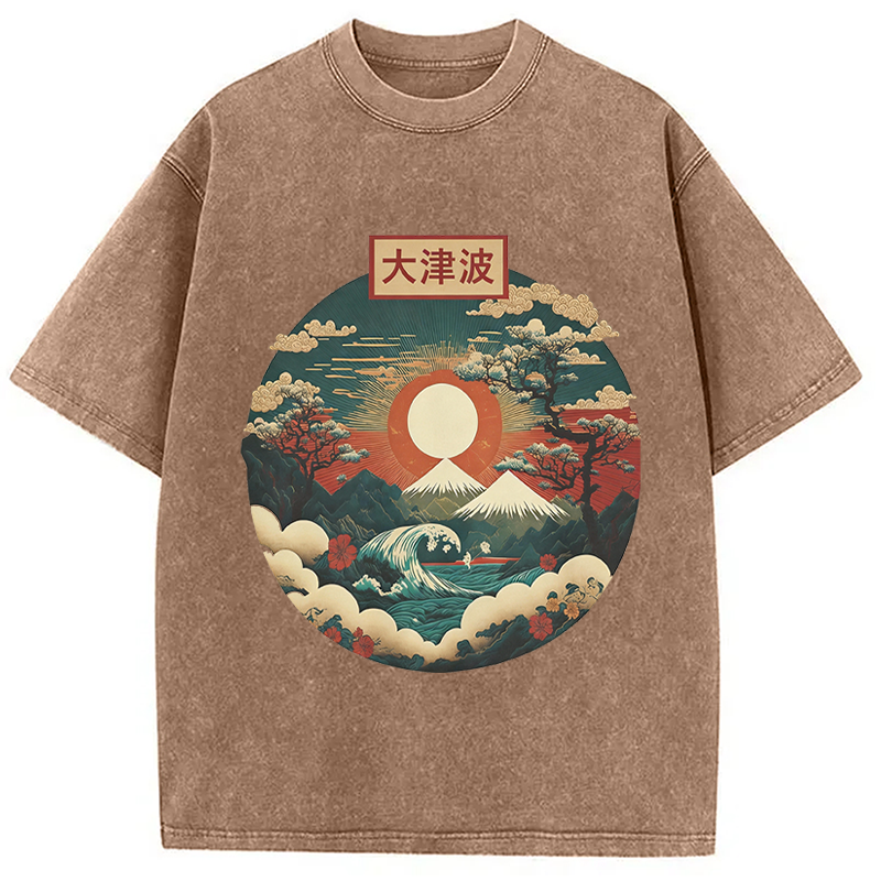 Modecanvas Japanese Red Sunset DTG Printing Washed T-Shirt