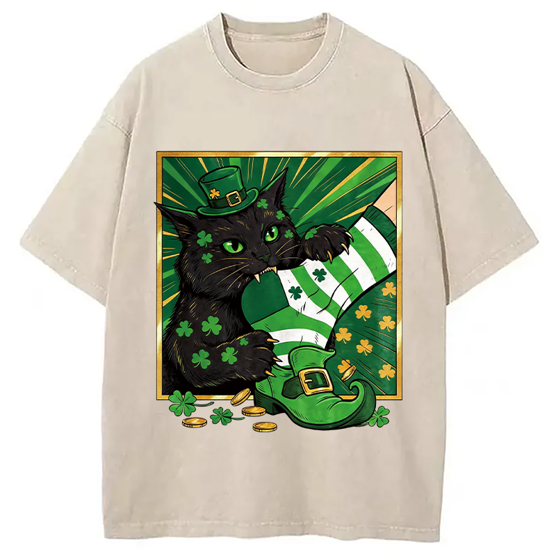 Modecanvas Naughty Cat Bites People DTG Printing Washed T-Shirt