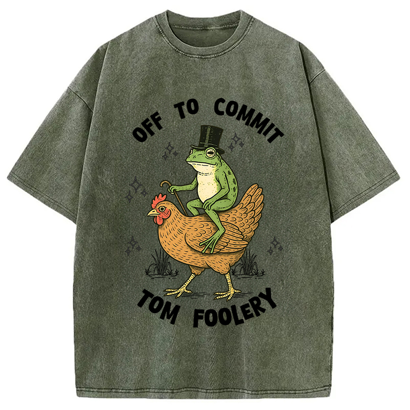 Modecanvas Frog Riding Chicken Funny Sarcastic Meme Washed T-Shirt