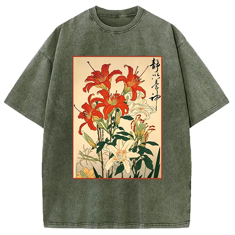 Modecanvas Red And White Lilies DTG Printing Washed T-Shirt