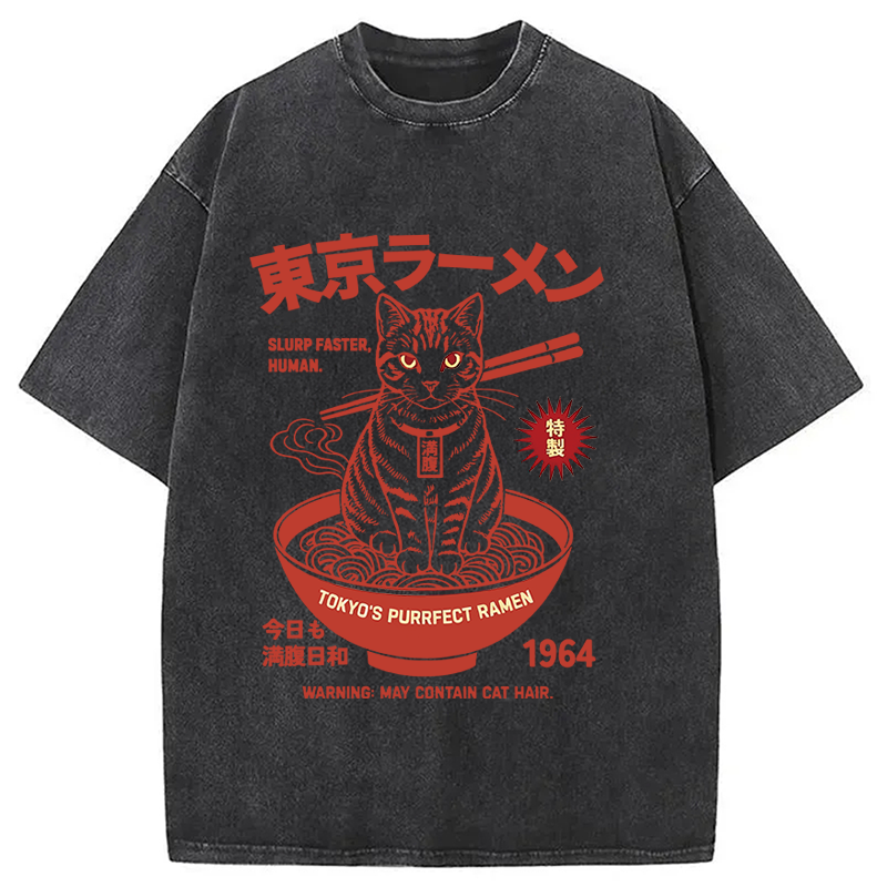 Modecanvas Tokyo Ramen Cat DTG Printing Washed T-Shirt-modecanvas