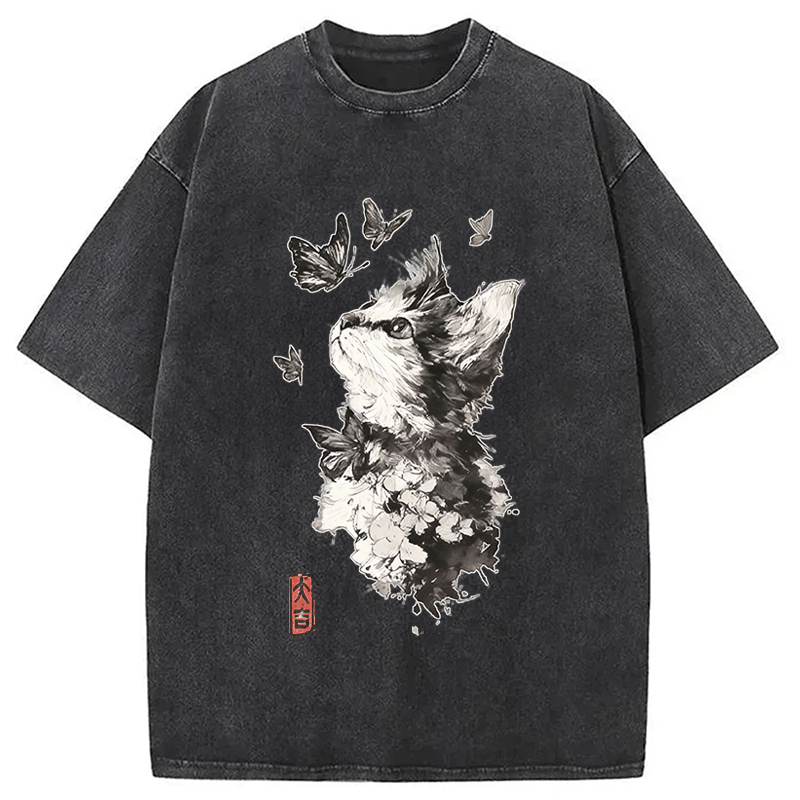 Modecanvas Butterfly and Cat Gaze DTG Printing Washed T-Shirt-modecanvas