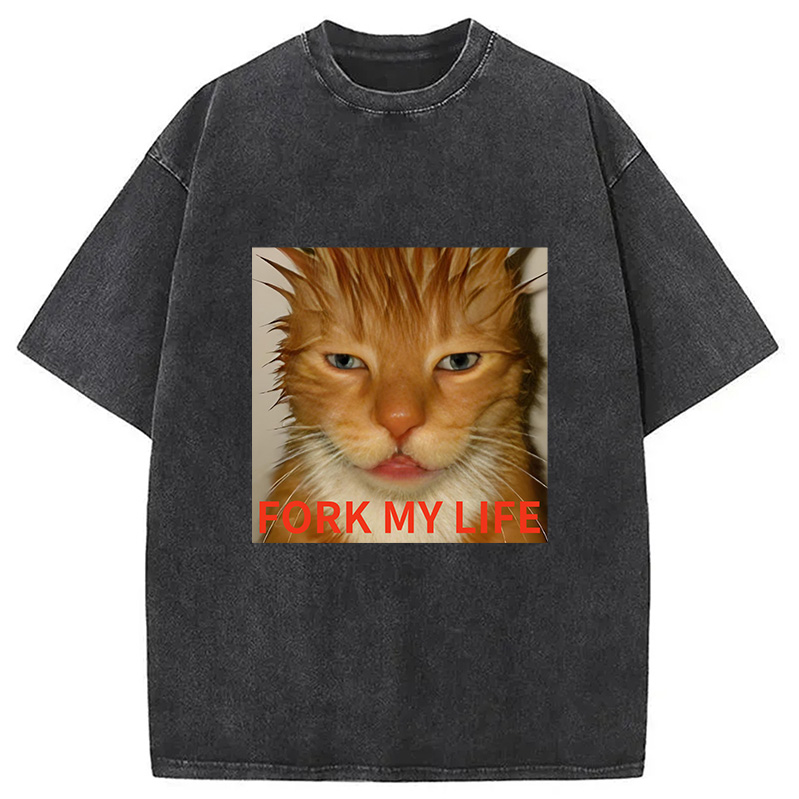 Modecanvas Orange Cat Fork My Life Washed T-Shirt