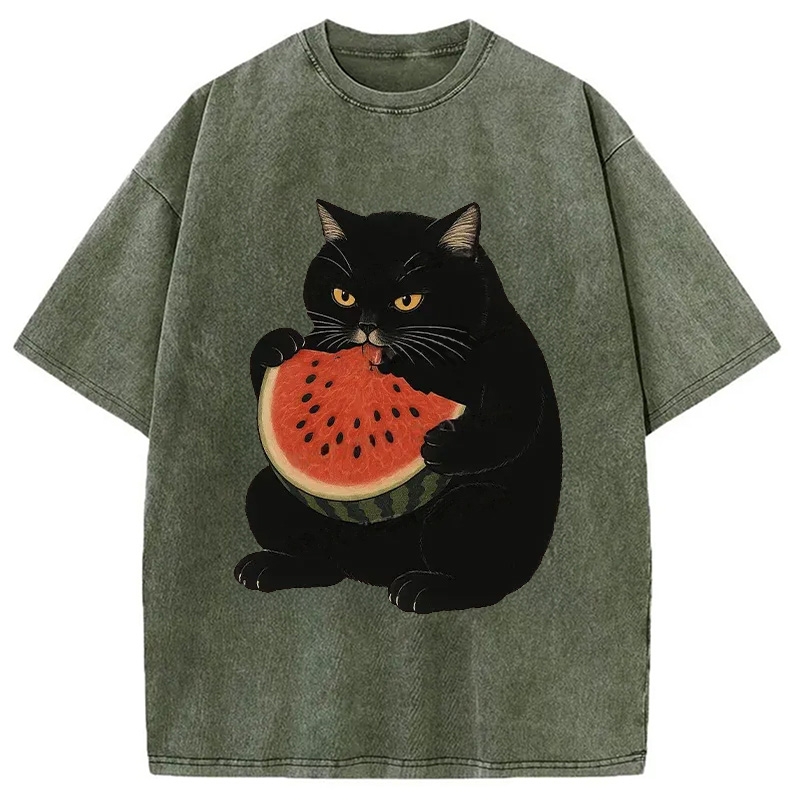Modecanvas Black Cat Eating Watermelon Washed T-Shirt