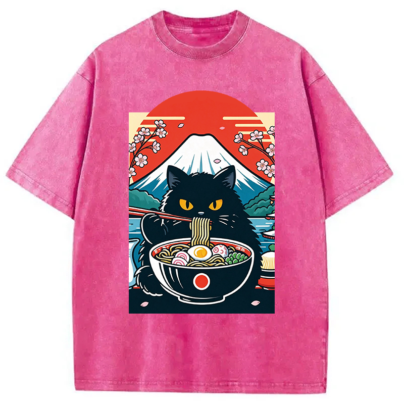 Modecanvas Black Cat Having Ramen Mount Fuji DTG Printing Washed T-Shirt