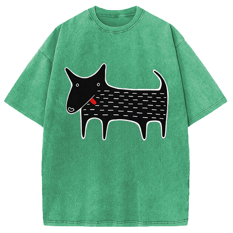Modecanvas Black Dog Kawaii Folk Art DTG Printing Washed T-Shirt