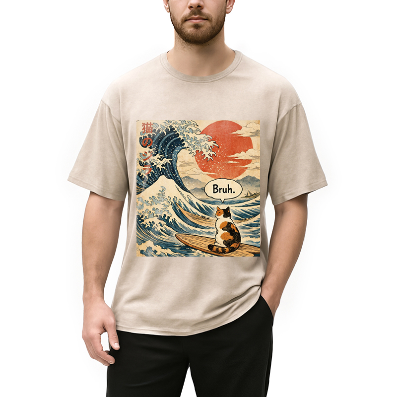 Modecanvas Bruh. The Great Wave Japanese Surfing Cat DTG Printing Washed T-Shirt