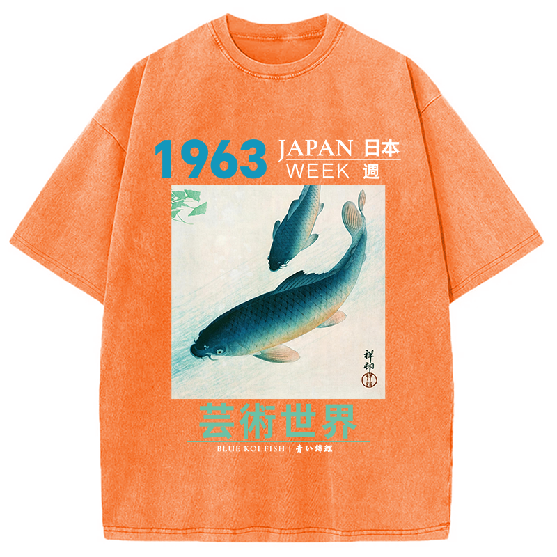 Modecanvas Blue Koi Fish DTG Printing Washed T-Shirt