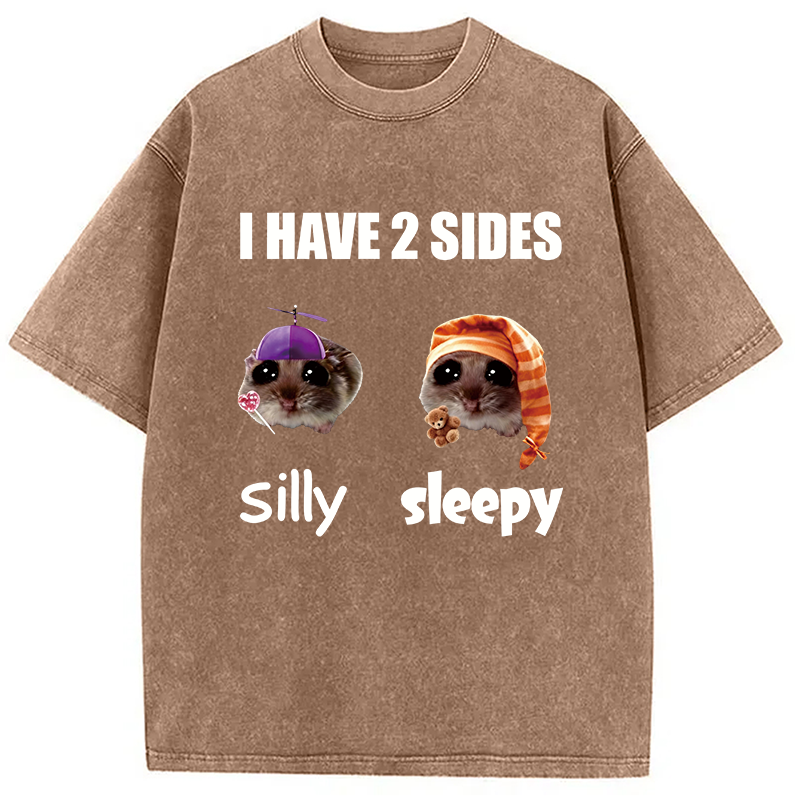 Modecanvas I Have 2 Sides Silly Sleepy Rat Meme DTG Printing Washed T-Shirt