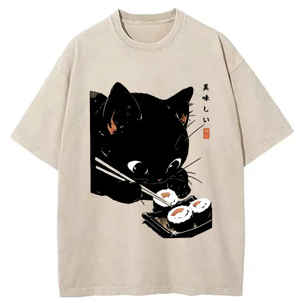 Modecanvas Cat Eating Rice Balls Washed T-Shirt