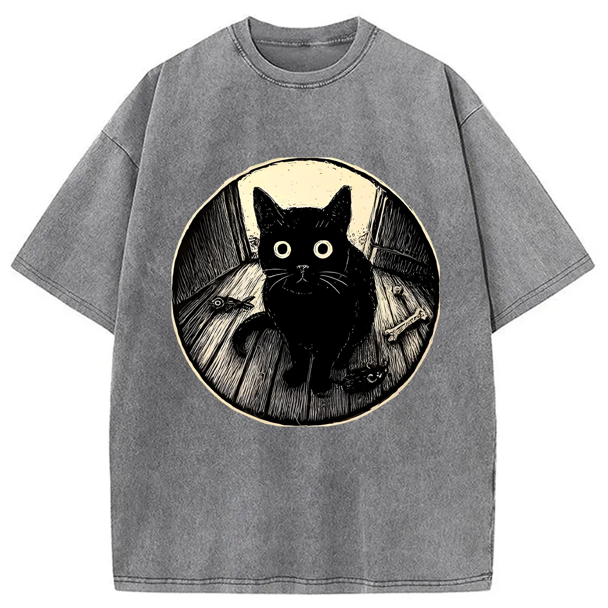 Modecanvas Waiting Black Cat Washed T-Shirt